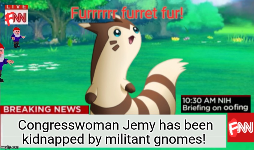 This day just keeps getting worse... | Furrrrrr furret fur! Congresswoman Jemy has been kidnapped by militant gnomes! | image tagged in breaking news furret,furret,fur | made w/ Imgflip meme maker