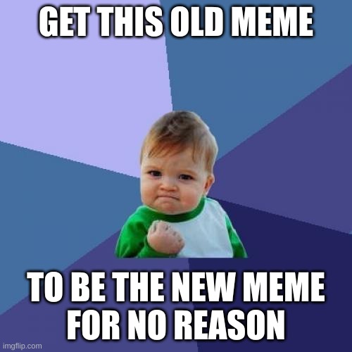 get this old meme to be the new meme for no reason | GET THIS OLD MEME; TO BE THE NEW MEME
FOR NO REASON | image tagged in memes,success kid,upvotes,funny,old,front page | made w/ Imgflip meme maker