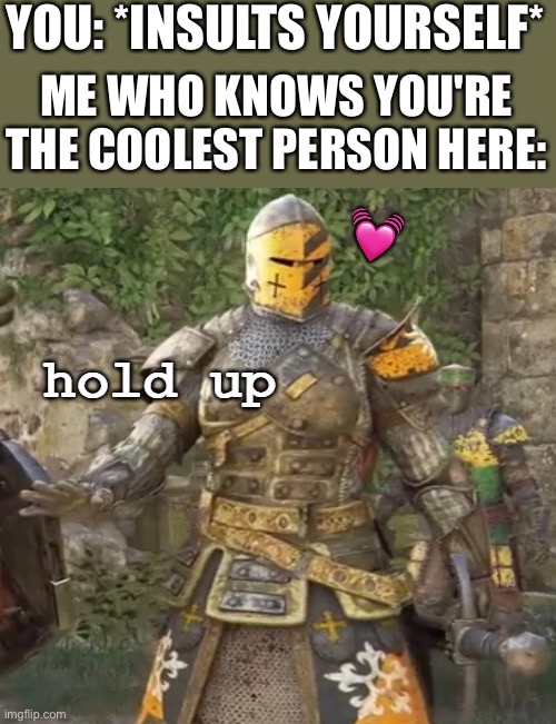 Wait a minute | YOU: *INSULTS YOURSELF*; ME WHO KNOWS YOU'RE THE COOLEST PERSON HERE:; 💓 | image tagged in hold up crusader,wholesome | made w/ Imgflip meme maker