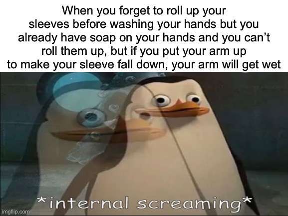 It’s annoying | When you forget to roll up your sleeves before washing your hands but you already have soap on your hands and you can’t roll them up, but if you put your arm up to make your sleeve fall down, your arm will get wet | image tagged in memes,funny | made w/ Imgflip meme maker