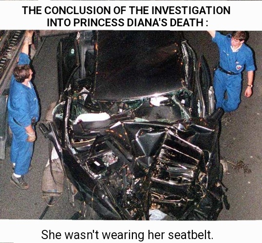 Buckle up! | THE CONCLUSION OF THE INVESTIGATION 
INTO PRINCESS DIANA'S DEATH :; She wasn't wearing her seatbelt. | image tagged in prince harry,seatbelt | made w/ Imgflip meme maker