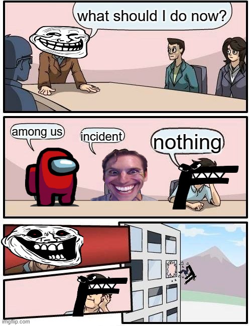 meme meeting | what should I do now? among us; nothing; incident | image tagged in memes,boardroom meeting suggestion | made w/ Imgflip meme maker