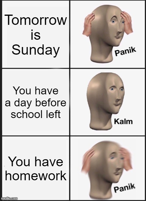 It's so annoying when it happens after a vacation | Tomorrow is Sunday; You have a day before school left; You have homework | image tagged in memes,panik kalm panik | made w/ Imgflip meme maker