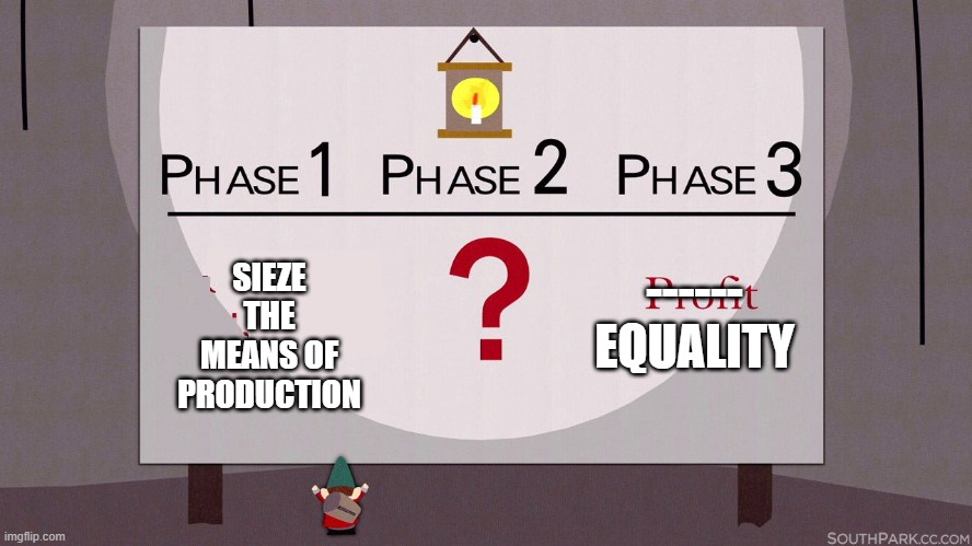 Sieze The Means | ------
EQUALITY; SIEZE THE MEANS OF PRODUCTION | image tagged in south park underpants gnomes | made w/ Imgflip meme maker