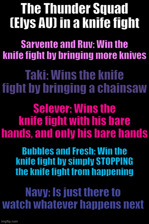 Scenario: The Thunder Squad (Elys AU) get stuck in a knife fight. How do they win? | The Thunder Squad (Elys AU) in a knife fight; Sarvente and Ruv: Win the knife fight by bringing more knives; Taki: Wins the knife fight by bringing a chainsaw; Selever: Wins the knife fight with his bare hands, and only his bare hands; Bubbles and Fresh: Win the knife fight by simply STOPPING the knife fight from happening; Navy: Is just there to watch whatever happens next | made w/ Imgflip meme maker