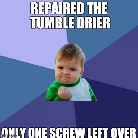 Success Kid | REPAIRED THE TUMBLE DRIER ONLY ONE SCREW LEFT OVER | image tagged in memes,success kid,AdviceAnimals | made w/ Imgflip meme maker