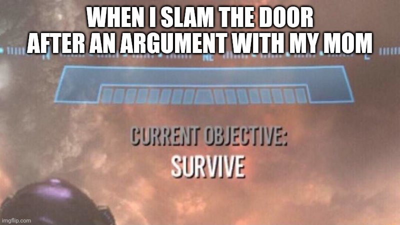 Current Objective: Survive | WHEN I SLAM THE DOOR AFTER AN ARGUMENT WITH MY MOM | image tagged in current objective survive | made w/ Imgflip meme maker