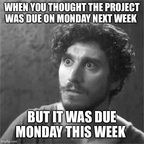 The Chosen | WHEN YOU THOUGHT THE PROJECT WAS DUE ON MONDAY NEXT WEEK; BUT IT WAS DUE MONDAY THIS WEEK | image tagged in the chosen | made w/ Imgflip meme maker