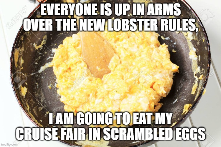 Scrambled Eggs | EVERYONE IS UP IN ARMS OVER THE NEW LOBSTER RULES, I AM GOING TO EAT MY CRUISE FAIR IN SCRAMBLED EGGS | image tagged in scrambled eggs | made w/ Imgflip meme maker