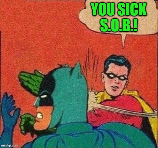 Robin Slaps Batman | YOU SICK S.O.B.! | image tagged in robin slaps batman | made w/ Imgflip meme maker