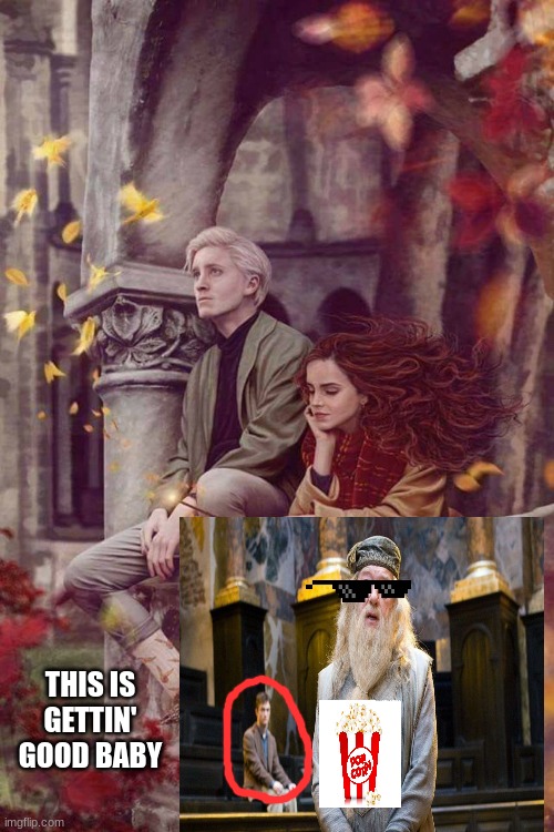 dramione |  THIS IS GETTIN' GOOD BABY | image tagged in lol,dumbledore,hermione,draco malfoy,harry potter | made w/ Imgflip meme maker