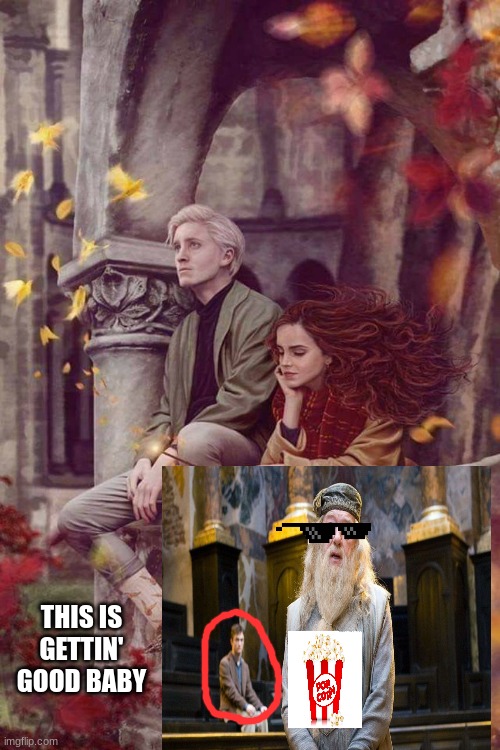 dramione | THIS IS GETTIN' GOOD BABY | image tagged in lol,dumbledore,hermione,draco malfoy,harry potter | made w/ Imgflip meme maker