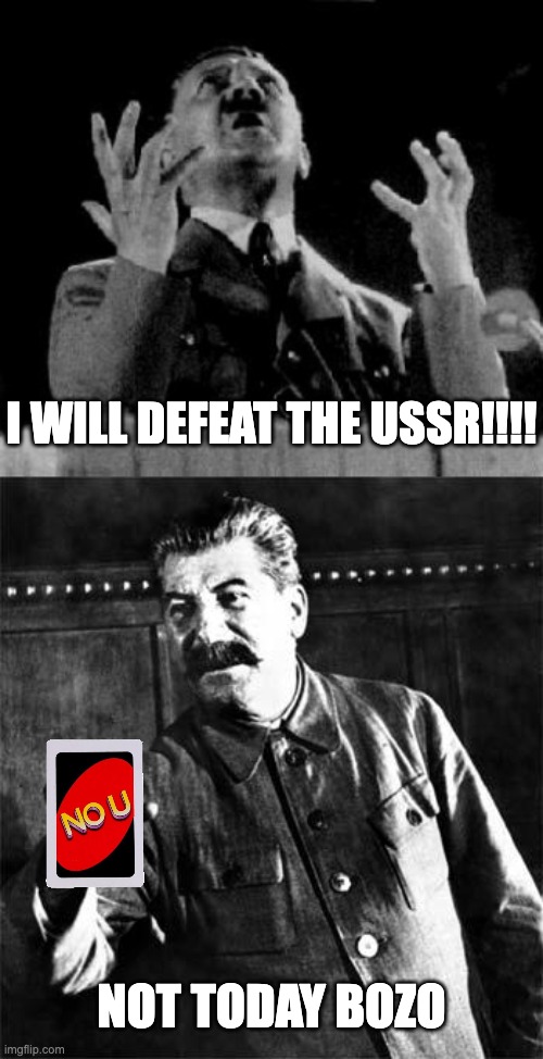 I WILL DEFEAT THE USSR!!!! NOT TODAY BOZO | image tagged in hitler angry,stalin,ww2,joseph stalin,memes,adolf hitler | made w/ Imgflip meme maker
