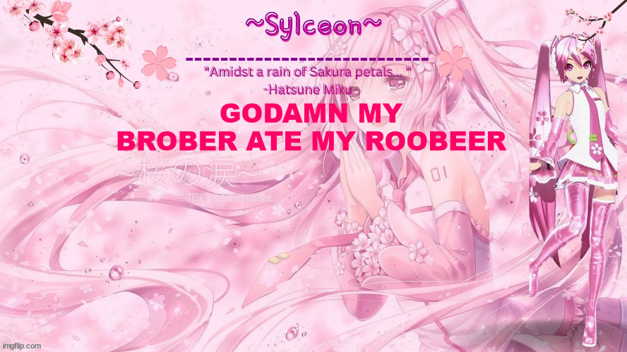 sylc's sakura temp (thx drm) | GODAMN MY BROBER ATE MY ROOBEER | image tagged in sylc's sakura temp thx drm | made w/ Imgflip meme maker