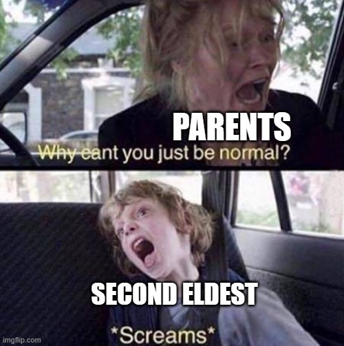 *Screams louder* | PARENTS; SECOND ELDEST | image tagged in why can't you just be normal | made w/ Imgflip meme maker