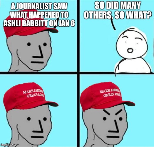 MAGA NPC (AN AN0NYM0US TEMPLATE) | SO DID MANY OTHERS, SO WHAT? A JOURNALIST SAW WHAT HAPPENED TO ASHLI BABBITT ON JAN 6 | image tagged in maga npc an an0nym0us template | made w/ Imgflip meme maker