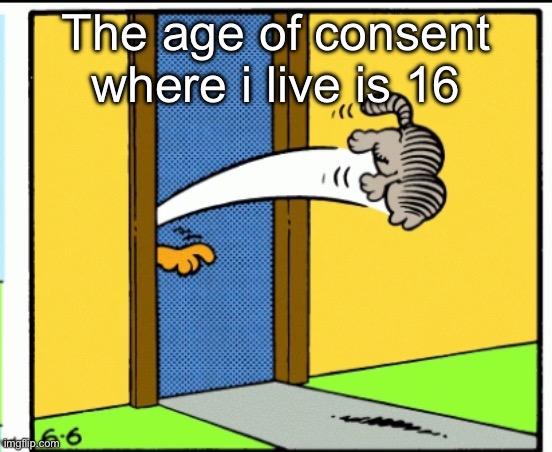 Idk just saying | The age of consent where i live is 16 | image tagged in nermal gets kicked out | made w/ Imgflip meme maker