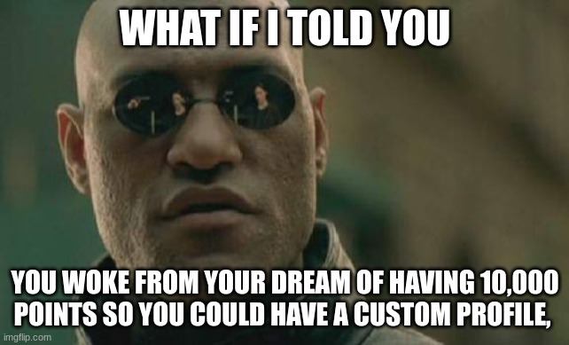 Matrix Morpheus | WHAT IF I TOLD YOU; YOU WOKE FROM YOUR DREAM OF HAVING 10,000 POINTS SO YOU COULD HAVE A CUSTOM PROFILE, | image tagged in memes,matrix morpheus | made w/ Imgflip meme maker