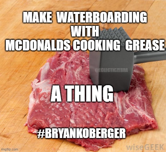 beating my meat | MAKE  WATERBOARDING  WITH  MCDONALDS COOKING  GREASE; @ECLECTICZEBRA; A THING; #BRYANKOBERGER | image tagged in beating my meat | made w/ Imgflip meme maker