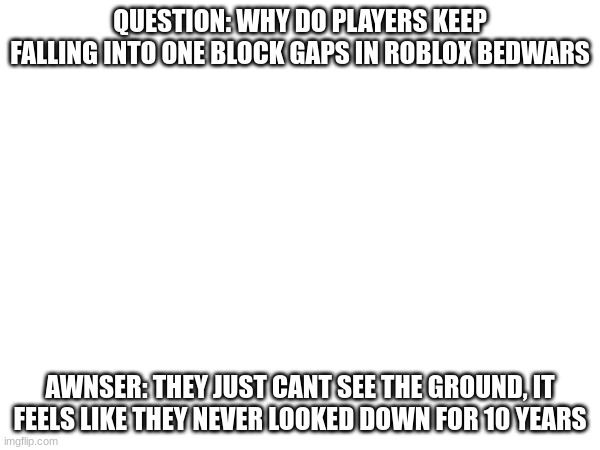 for all non-parkour players this meme is for you >w< | QUESTION: WHY DO PLAYERS KEEP FALLING INTO ONE BLOCK GAPS IN ROBLOX BEDWARS; AWNSER: THEY JUST CANT SEE THE GROUND, IT FEELS LIKE THEY NEVER LOOKED DOWN FOR 10 YEARS | image tagged in bedwars,roblox,memes,question,questions | made w/ Imgflip meme maker