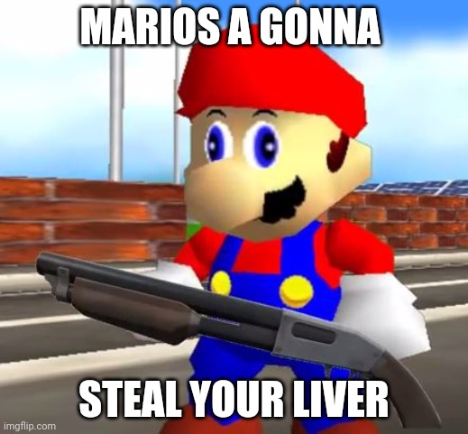 SMG4 Shotgun Mario | MARIOS A GONNA; STEAL YOUR LIVER | image tagged in smg4 shotgun mario | made w/ Imgflip meme maker