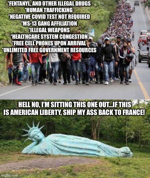 *FENTANYL, AND OTHER ILLEGAL DRUGS
*HUMAN TRAFFICKING 
*NEGATIVE COVID TEST NOT REQUIRED
*MS-13 GANG AFFILIATION
*ILLEGAL WEAPONS
*HEALTHCARE SYSTEM CONGESTION
*FREE CELL PHONES UPON ARRIVAL
*UNLIMITED FREE GOVERNMENT RESOURCES; HELL NO, I’M SITTING THIS ONE OUT…IF THIS IS AMERICAN LIBERTY, SHIP MY ASS BACK TO FRANCE! | image tagged in joe biden,secure the border | made w/ Imgflip meme maker