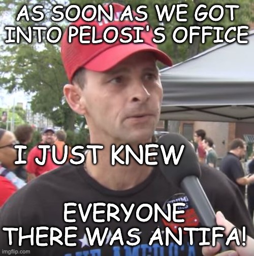 Trump supporter | AS SOON AS WE GOT INTO PELOSI'S OFFICE I JUST KNEW EVERYONE THERE WAS ANTIFA! | image tagged in trump supporter | made w/ Imgflip meme maker