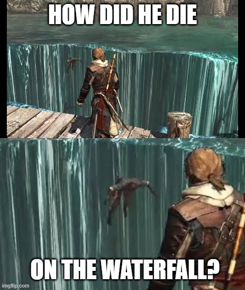 maybe stuck on a rock? | HOW DID HE DIE; ON THE WATERFALL? | image tagged in assassin's creed,fail | made w/ Imgflip meme maker