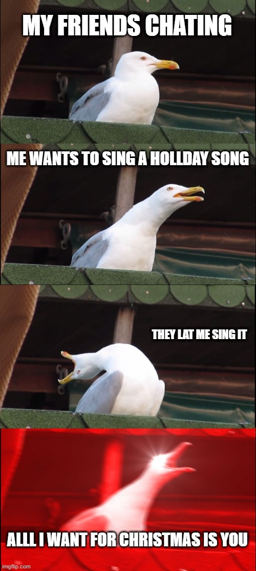 for those who dont know | MY FRIENDS CHATING; ME WANTS TO SING A HOLLDAY SONG; THEY LAT ME SING IT; ALLL I WANT FOR CHRISTMAS IS YOU | image tagged in memes,inhaling seagull | made w/ Imgflip meme maker