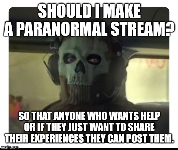 The paranormal genre will include aliens and UFOs and stuff | SHOULD I MAKE A PARANORMAL STREAM? SO THAT ANYONE WHO WANTS HELP OR IF THEY JUST WANT TO SHARE THEIR EXPERIENCES THEY CAN POST THEM. | image tagged in ghost staring | made w/ Imgflip meme maker