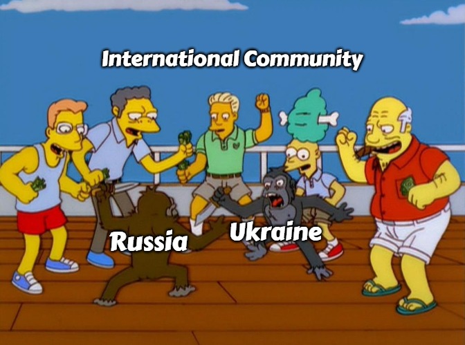 Simpsons Monkey Fight | International Community; Ukraine; Russia | image tagged in simpsons monkey fight,slavic,russia,ukraine | made w/ Imgflip meme maker