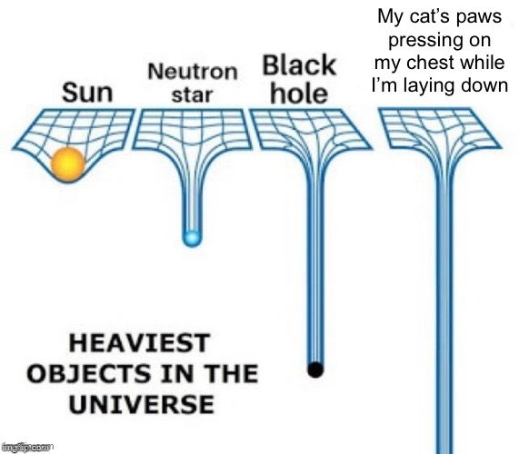 Cats can be so strong | My cat’s paws pressing on my chest while I’m laying down | image tagged in heaviest objects in the universe | made w/ Imgflip meme maker