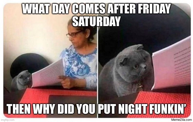 What comes after | WHAT DAY COMES AFTER FRIDAY

SATURDAY; THEN WHY DID YOU PUT NIGHT FUNKIN’ | image tagged in what comes after | made w/ Imgflip meme maker
