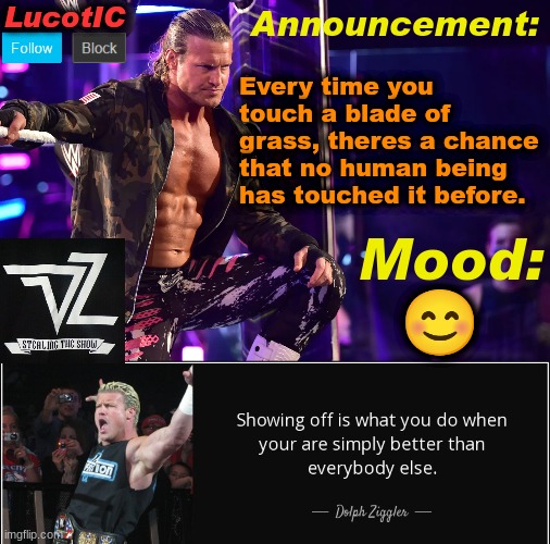 LucotIC's "Dolph Ziggler" template 15# | Every time you touch a blade of grass, theres a chance that no human being has touched it before. 😊 | image tagged in lucotic's dolph ziggler template 15 | made w/ Imgflip meme maker