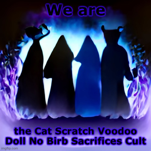 We are; the Cat Scratch Voodoo Doll No Birb Sacrifices Cult | made w/ Imgflip meme maker
