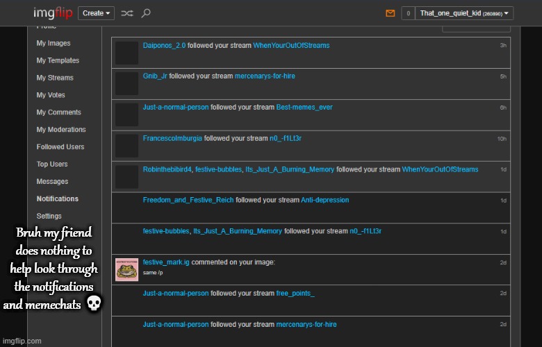 I had 13 notifications and 3 unread memechats ;-; | Bruh my friend does nothing to help look through the notifications and memechats 💀 | made w/ Imgflip meme maker