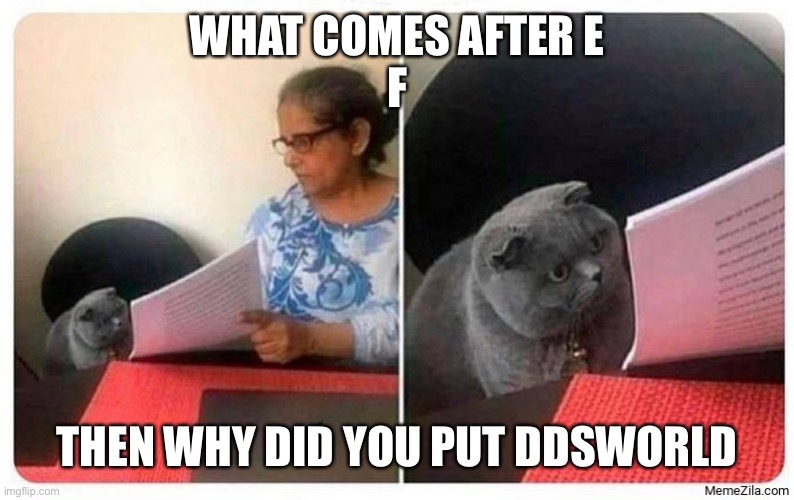 What comes after | WHAT COMES AFTER E

F; THEN WHY DID YOU PUT DDSWORLD | image tagged in what comes after | made w/ Imgflip meme maker