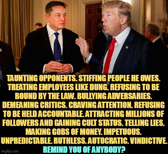 Human filth. | TAUNTING OPPONENTS. STIFFING PEOPLE HE OWES. 
TREATING EMPLOYEES LIKE DUNG. REFUSING TO BE 
BOUND BY THE LAW. BULLYING ADVERSARIES. 
DEMEANING CRITICS. CRAVING ATTENTION. REFUSING 
TO BE HELD ACCOUNTABLE. ATTRACTING MILLIONS OF 
FOLLOWERS AND GAINING CULT STATUS. TELLING LIES. 
MAKING GOBS OF MONEY. IMPETUOUS. 
UNPREDICTABLE. RUTHLESS. AUTOCRATIC. VINDICTIVE. REMIND YOU OF ANYBODY? | image tagged in donald trump,elon musk,psychopath,illegal,incompetence | made w/ Imgflip meme maker