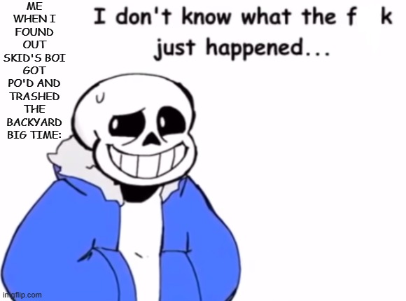 Sans Idk wtf just happened | ME WHEN I FOUND OUT SKID'S BOI GOT PO'D AND TRASHED THE BACKYARD BIG TIME: | made w/ Imgflip meme maker