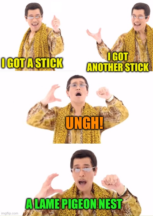 PPAP Meme | I GOT A STICK I GOT ANOTHER STICK UNGH! A LAME PIGEON NEST | image tagged in memes,ppap | made w/ Imgflip meme maker