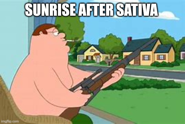 PTSD + Sativa | SUNRISE AFTER SATIVA | image tagged in peter griffin sniper | made w/ Imgflip meme maker