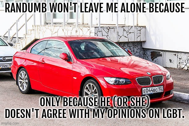 Bmw 3 series red | RANDUMB WON'T LEAVE ME ALONE BECAUSE; ONLY BECAUSE HE (OR SHE) DOESN'T AGREE WITH MY OPINIONS ON LGBT. | image tagged in bmw 3 series red | made w/ Imgflip meme maker