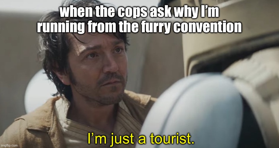 I’m just a tourist. | when the cops ask why I’m running from the furry convention; I’m just a tourist. | image tagged in andor just a tourist | made w/ Imgflip meme maker