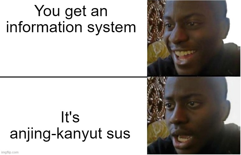 He was an information system for anjing-kanyut sus | You get an information system; It's anjing-kanyut sus | image tagged in disappointed black guy,memes | made w/ Imgflip meme maker