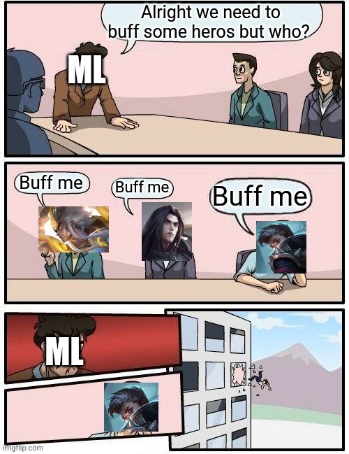 He needs more love | Alright we need to buff some heros but who? ML; Buff me; Buff me; Buff me; ML | image tagged in memes,boardroom meeting suggestion | made w/ Imgflip meme maker