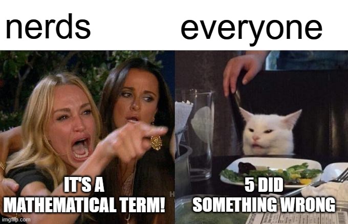 Woman Yelling At Cat Meme | nerds everyone IT'S A MATHEMATICAL TERM! 5 DID SOMETHING WRONG | image tagged in memes,woman yelling at cat | made w/ Imgflip meme maker