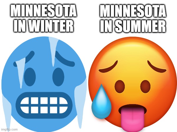 Minnesota be like: | MINNESOTA IN SUMMER; MINNESOTA IN WINTER | image tagged in memes,minnesota,winter,summer,emoji,oh wow are you actually reading these tags | made w/ Imgflip meme maker