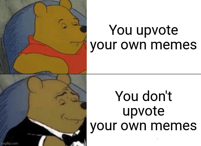 I didn't think of a title | You upvote your own memes; You don't upvote your own memes | image tagged in memes,tuxedo winnie the pooh | made w/ Imgflip meme maker