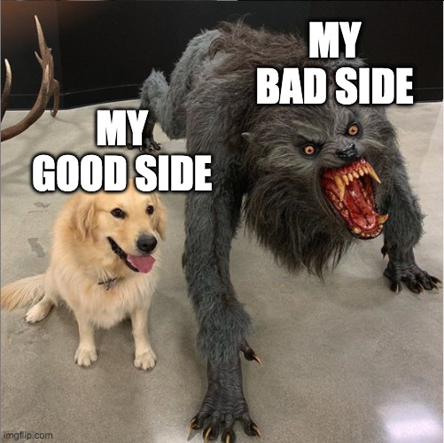 dog vs werewolf | MY BAD SIDE; MY GOOD SIDE | image tagged in dog vs werewolf | made w/ Imgflip meme maker