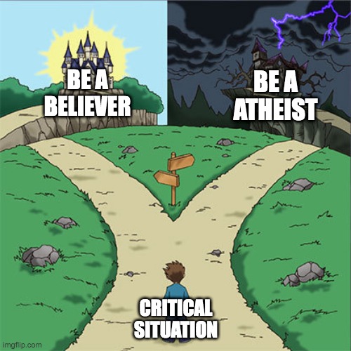 Two Paths | BE A BELIEVER; BE A ATHEIST; CRITICAL SITUATION | image tagged in two paths | made w/ Imgflip meme maker